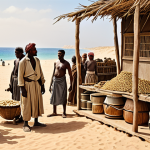 **Image:** A bustling French trading post on the Mauritanian coast during the early colonial period. Depict French traders interacting with local tribal people, exchanging goods like gum arabic. Emphasize the contrast between the French architecture and the traditional Mauritanian surroundings.