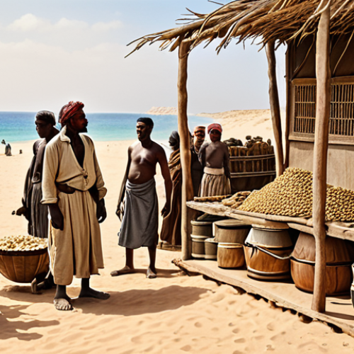 Home 19 **Image:** A bustling French trading post on the Mauritanian coast during the early colonial period. Depict French traders interacting with local tribal people, exchanging goods like gum arabic. Emphasize the contrast between the French architecture and the traditional Mauritanian surroundings.