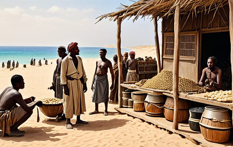 **Image:** A bustling French trading post on the Mauritanian coast during the early colonial period. Depict French traders interacting with local tribal people, exchanging goods like gum arabic. Emphasize the contrast between the French architecture and the traditional Mauritanian surroundings.