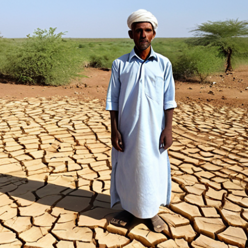 Home 17 A resilient Mauritanian farmer, fully clothed in modest traditional attire, stands contemplatively in a vast, arid landscape under a clear sky. The ground shows cracked earth and sparse, hardy vegetation, subtly conveying the impact of persistent drought and desertification. The scene emphasizes quiet strength and perseverance amidst environmental challenges in a rural Mauritanian setting. perfect anatomy, correct proportions, natural pose, well-formed hands, proper finger count, natural body proportions, professional photography, high quality, safe for work, appropriate content, fully clothed, family-friendly.
