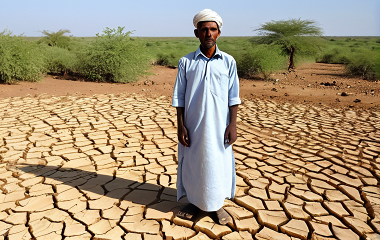 A resilient Mauritanian farmer, fully clothed in modest traditional attire, stands contemplatively in a vast, arid landscape under a clear sky. The ground shows cracked earth and sparse, hardy vegetation, subtly conveying the impact of persistent drought and desertification. The scene emphasizes quiet strength and perseverance amidst environmental challenges in a rural Mauritanian setting. perfect anatomy, correct proportions, natural pose, well-formed hands, proper finger count, natural body proportions, professional photography, high quality, safe for work, appropriate content, fully clothed, family-friendly.