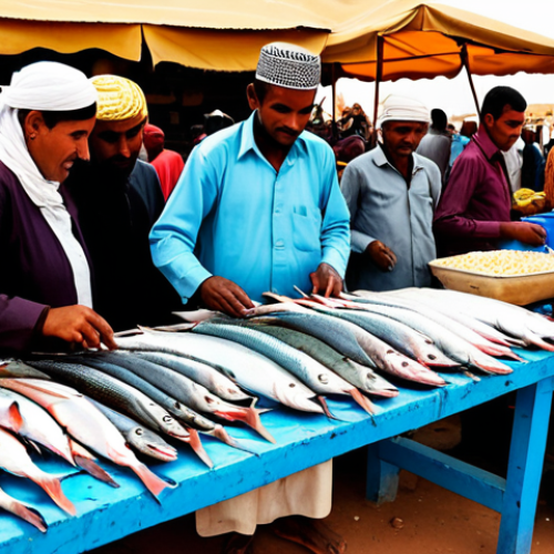 Home 8 **
"A bustling marketplace scene in Nouakchott, Mauritania. Vendors in modest, colorful clothing selling fresh fish and Moroccan-imported goods. Focus on the vibrant colors and textures of the market, depicting the economic exchange. Safe for work, appropriate content, fully clothed, professional, natural proportions, well-formed hands, high quality, family-friendly."
**