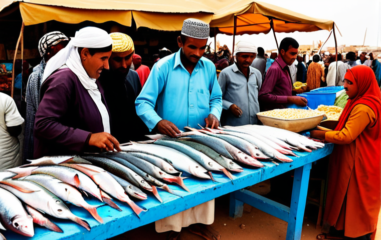 **

"A bustling marketplace scene in Nouakchott, Mauritania. Vendors in modest, colorful clothing selling fresh fish and Moroccan-imported goods.  Focus on the vibrant colors and textures of the market, depicting the economic exchange.  Safe for work, appropriate content, fully clothed, professional, natural proportions, well-formed hands, high quality, family-friendly."

**
