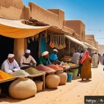 Home 16 모리타니 가는 방법 - A vibrant traditional Mauritanian market scene under bright sunlight, featuring colorful stalls with...