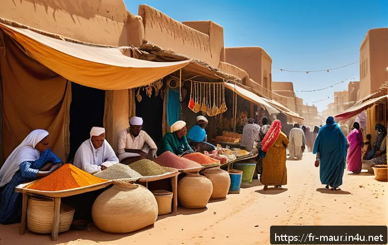 모리타니 가는 방법 - A vibrant traditional Mauritanian market scene under bright sunlight, featuring colorful stalls with...