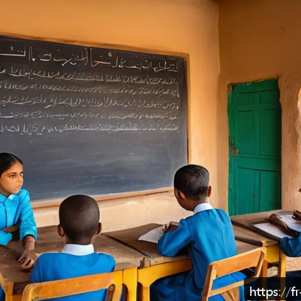 모리타니 교육 문제 - A vibrant classroom scene in a rural Mauritanian village, showing a diverse group of children aged a...