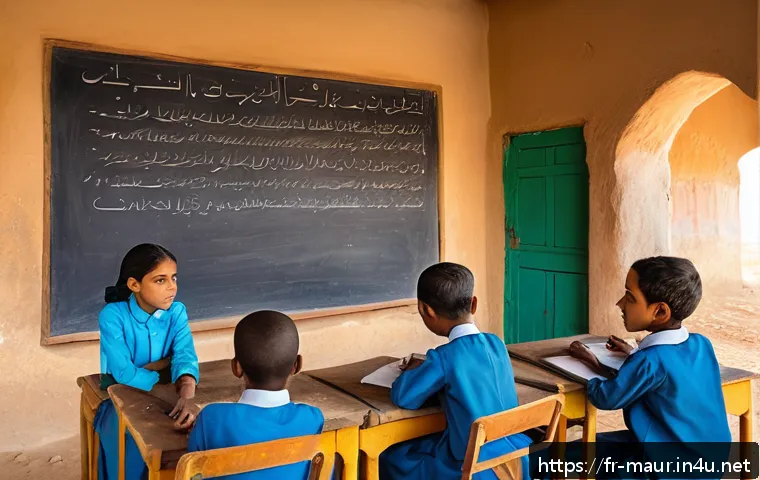 모리타니 교육 문제 - A vibrant classroom scene in a rural Mauritanian village, showing a diverse group of children aged a...