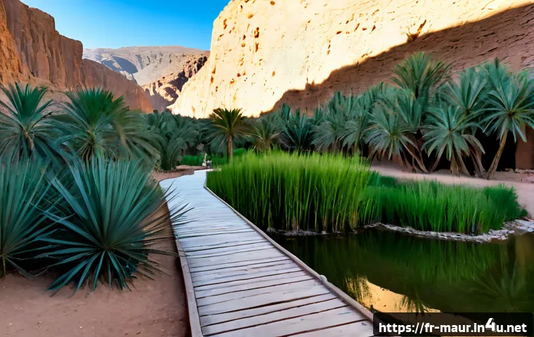 테르지트 오아시스 - Photorealistic wide-angle view of Tergit Oasis in southeastern Morocco, lush date palms and green re...