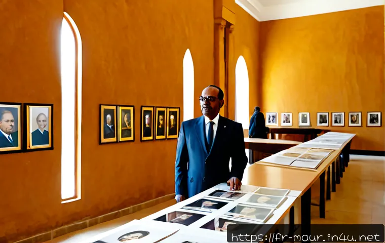 모리타니 대통령 목록 - Photorealistic editorial scene inside a dignified Mauritanian government archive, a curator in modes...