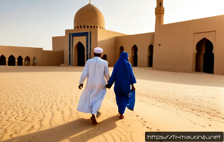 모리타니 이슬람 문화 - Photorealistic documentary scene of Mauritanian Islamic culture at sunrise, a multigenerational fami...